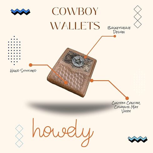 Western Stakes Men’s Short Leather Wallet – Hair-On Cowhide Bifold with Lone Star Concho and Basketweave Tooled Leather – Western Cowboy Wallet for Ranchers & Texas Gift Ideas in Saudi Arabia