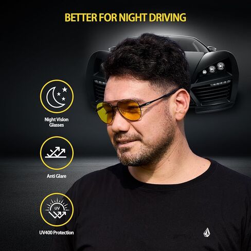 نظارات القيادة الليلية Jefoo Aviator للرجال والنساء، نظارات رؤية ليلية مضادة للوهج مع عدسات صفراء مستقطبة in Kuwait