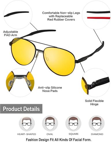 نظارات القيادة الليلية Jefoo Aviator للرجال والنساء، نظارات رؤية ليلية مضادة للوهج مع عدسات صفراء مستقطبة in Kuwait