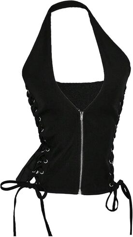 Floerns Women's Y2k Lace Up Halter Top Zip Up Deep V Neck Sleeveless Going Out Fall Fashion Tops in Saudi Arabia