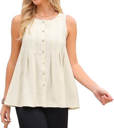 Seta T Women's Linen Tank Tops Summer Sleeveless Shirts Button Pleated Babydoll Casual Blouse in Saudi Arabia