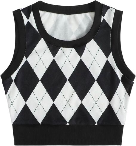 SweatyRocks Women's Plaid Argyle Vest Sleeveless Crew Neck Y2K Crop Tank Top in Saudi Arabia