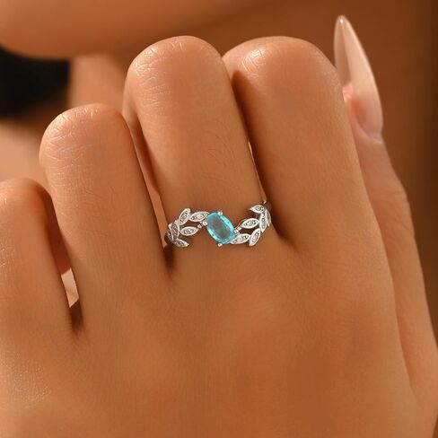 Yueyoer Halo Eternity Band Ring for Women 925 Sterling Silver Aquamarine Crystal Birthstone Stackable Rings 14k Plated Blue Cubic Zirconia Leaf Engagement Ring to Daughter Mother Wedding Jewelry Gift in Saudi Arabia