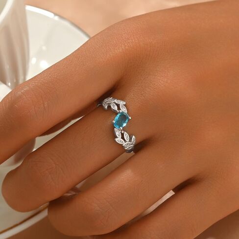 Yueyoer Halo Eternity Band Ring for Women 925 Sterling Silver Aquamarine Crystal Birthstone Stackable Rings 14k Plated Blue Cubic Zirconia Leaf Engagement Ring to Daughter Mother Wedding Jewelry Gift in Saudi Arabia