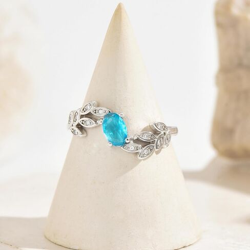 Yueyoer Halo Eternity Band Ring for Women 925 Sterling Silver Aquamarine Crystal Birthstone Stackable Rings 14k Plated Blue Cubic Zirconia Leaf Engagement Ring to Daughter Mother Wedding Jewelry Gift in Saudi Arabia