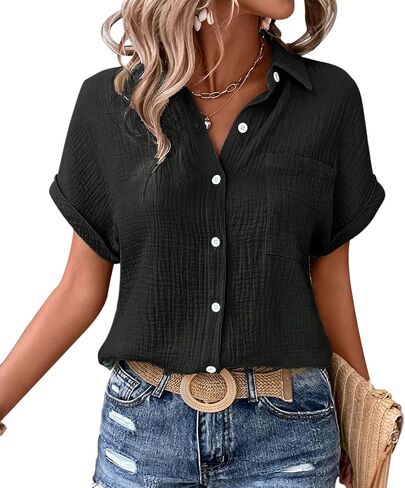 MAGIMODAC Womens Cotton Button Down Shirt Rolled Cuffed Short Sleeve Blouse Ladies Summer Casual V Neck Beach Cotton Tops in Saudi Arabia