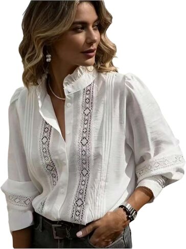 GORGLITTER Women's Lace Button Up Shirt Office Eyelet Embroidered Long Sleeve Shirts Dressy Casual Work Blouse in Saudi Arabia