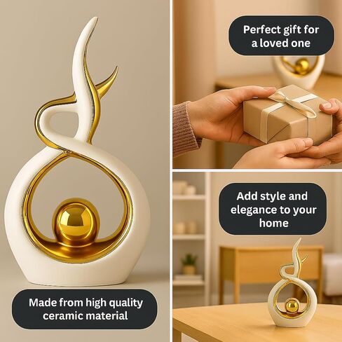 White & Gold Abstract Ceramic Ornament – Modern Decorative Sculpture for Living Room, Shelf & Coffee Table Décor – Minimalist Home Accent, Table Centerpiece Gift for Home Lovers in Saudi Arabia