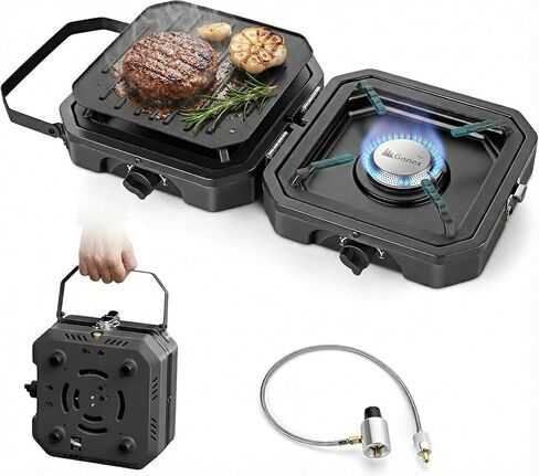 Gonex Camping Stove Propane, 2 Burner Portable Camp Stoves for Camping | 16,000 BTU, Two Piezo Ignition Adjustable Burners, Teflon Coated Griddle, Cast-iron Grates, Patio, Emergency, Hiking Use in Kuwait