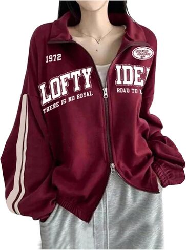 GORGLITTER Women's Zip Up Sweatshirt Jacket Oversized Y2k Collared Drop Shoulder Preppy Clothes in Saudi Arabia