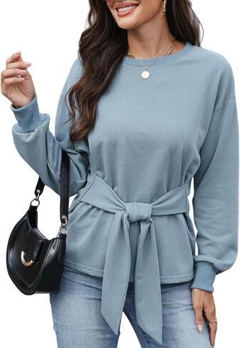 AKODOZO Womens Tie Waist Sweatshirt Long Sleeve Crewneck Pullover Tops Casual Loose Fit Knit Blouse for Work Daily Wear in Saudi Arabia