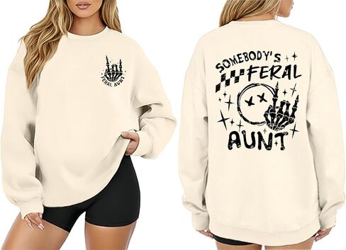YHHR Mama Sweatshirts for Women Oversized Somebody's Feral Aunt Long Sleeve Shirt Mom Skeleton Graphic Rock Pullover Top in Saudi Arabia