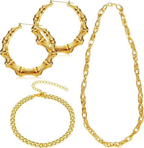 4 قطع من إكسسوارات المجوهرات 90s للنساء مجموعة أزياء الهيب هوب مجموعة كبيرة من الأقراط قلادة من الخيزران قلادة سلسلة كوبية سوار للنساء مغني الراب (نمط رائع) in Saudi Arabia