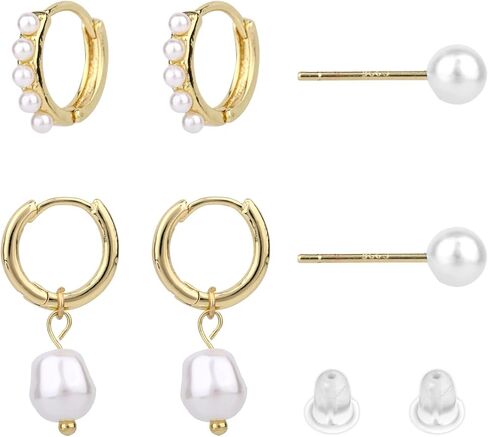 3 Pairs Gold Earrings Set, Dainty Pearl Dangle Drop & Hoop & Stud Earrings Stackable Stylish Pearl Dangling Drop Jewelry for Women Trendy Fashion Jewelry Gifts in Saudi Arabia