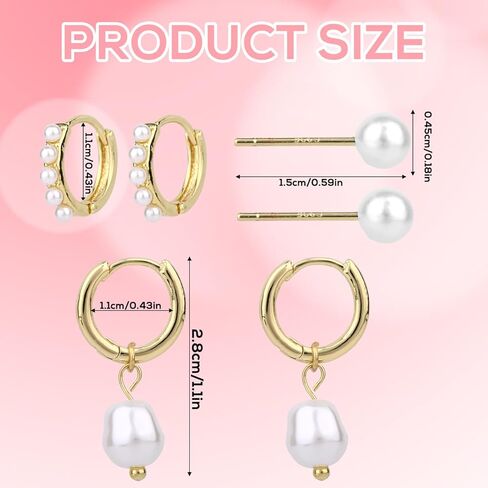 3 Pairs Gold Earrings Set, Dainty Pearl Dangle Drop & Hoop & Stud Earrings Stackable Stylish Pearl Dangling Drop Jewelry for Women Trendy Fashion Jewelry Gifts in Saudi Arabia