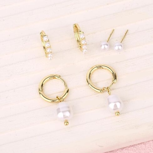 3 Pairs Gold Earrings Set, Dainty Pearl Dangle Drop & Hoop & Stud Earrings Stackable Stylish Pearl Dangling Drop Jewelry for Women Trendy Fashion Jewelry Gifts in Saudi Arabia