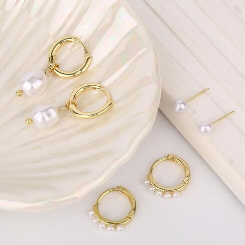 3 Pairs Gold Earrings Set, Dainty Pearl Dangle Drop & Hoop & Stud Earrings Stackable Stylish Pearl Dangling Drop Jewelry for Women Trendy Fashion Jewelry Gifts in Saudi Arabia