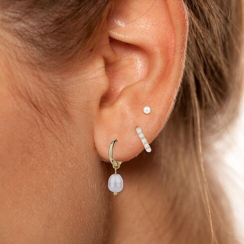 3 Pairs Gold Earrings Set, Dainty Pearl Dangle Drop & Hoop & Stud Earrings Stackable Stylish Pearl Dangling Drop Jewelry for Women Trendy Fashion Jewelry Gifts in Saudi Arabia
