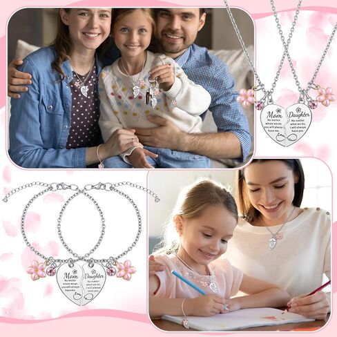 Tondiamo 3pcs Mother Daughter Heart Matching Jewelry Set Includes 1 Set of Love Pendant Necklace, Bracelet and Keychain Stainless Steel Christmas Gift for Mom Women Mother Day Birthday from Daughter in Saudi Arabia