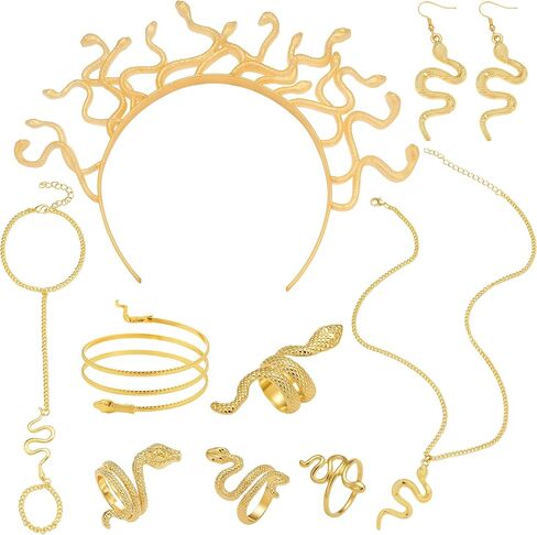 Mujahid 9 Pcs Medusa Costumes Accessories Set for Women - Gold Snake Jewelry Headpiece Bracelet Necklace Earrings Rings Leg for Cosplay Party Dress-Up Parties Carnival Funfair in Saudi Arabia
