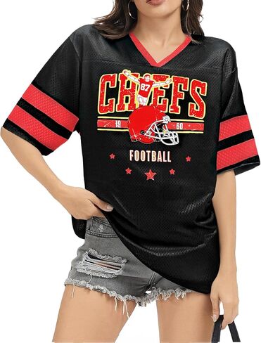 Oversized Football Jersey Tshirt Women Game Day Graphic V-Neck Jersey Tees Football Team Fans Mesh Tshirt in Kuwait