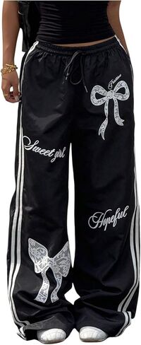 GORGLITTER المرأة السراويل الترنك الفضفاضة مخطط واسعة الساق القوس فضفاضة تناسب لطيف المظلة الشارع الشهير بنطلون in Kuwait