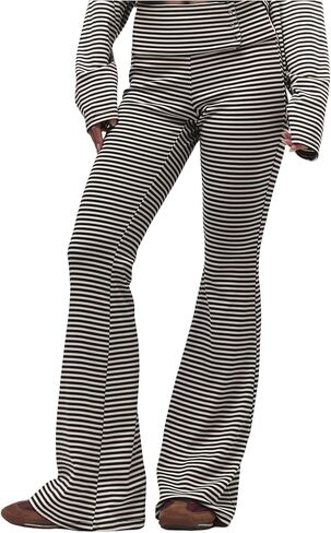 سراويل Verdusa النسائية القابلة للطي، سراويل مخططة بأزرار واسعة، سراويل سفلية عالية الخصر على شكل جرس in Kuwait