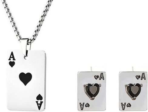 QLUYCKW Hip Hop Playing Card Poker Pendant Necklace Earrings Set for Women Men Personalized Punk Good Luck Ace of Spade Heart Games Rhinestone Earrings Hip Hop Unisex Jewelry in Saudi Arabia