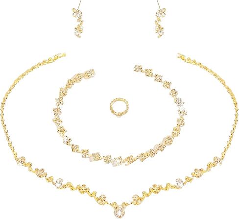 Fubotun 4Pcs Gold Crystal Necklace Earring Bracelet Ring Wedding Jewelry Sets For Brides Prom Rose Gold Jewelry Sets For Women Silver Stud Earrings Ring Necklace And Bracelet Set in Saudi Arabia