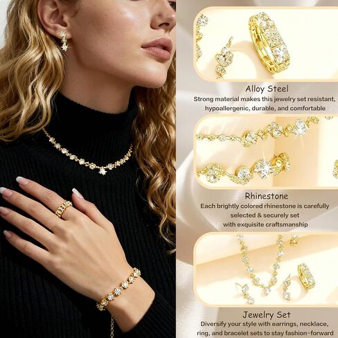 Fubotun 4Pcs Gold Crystal Necklace Earring Bracelet Ring Wedding Jewelry Sets For Brides Prom Rose Gold Jewelry Sets For Women Silver Stud Earrings Ring Necklace And Bracelet Set in Saudi Arabia