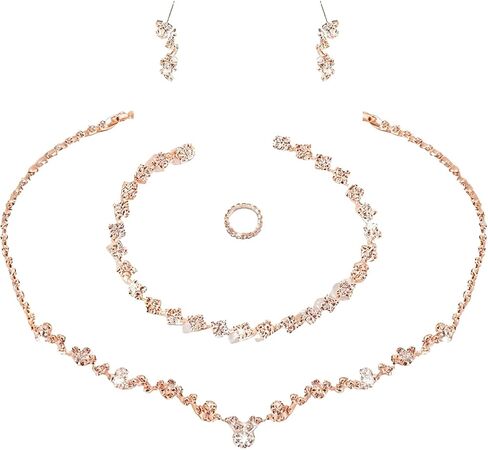 Fubotun 4Pcs Gold Crystal Necklace Earring Bracelet Ring Wedding Jewelry Sets For Brides Prom Rose Gold Jewelry Sets For Women Silver Stud Earrings Ring Necklace And Bracelet Set in Saudi Arabia