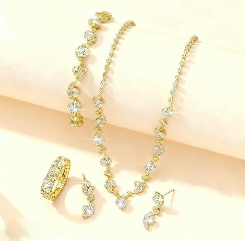 Fubotun 4Pcs Gold Crystal Necklace Earring Bracelet Ring Wedding Jewelry Sets For Brides Prom Rose Gold Jewelry Sets For Women Silver Stud Earrings Ring Necklace And Bracelet Set in Saudi Arabia