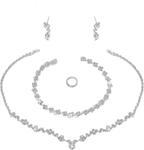 Fubotun 4Pcs Gold Crystal Necklace Earring Bracelet Ring Wedding Jewelry Sets For Brides Prom Rose Gold Jewelry Sets For Women Silver Stud Earrings Ring Necklace And Bracelet Set in Saudi Arabia