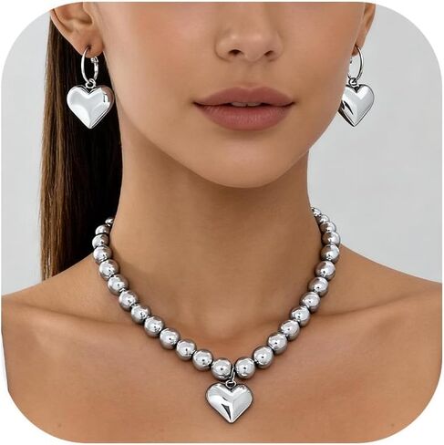 JAVARNV Chunky Heart Necklace Earrings Set Dainty Beaded Chain Heart Necklaces Statement Accessories Valentine's Day Trendy Jewelry Gifts in Saudi Arabia