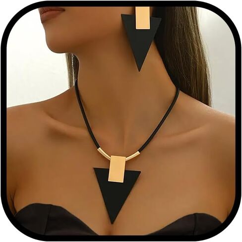 sunglnl Gold Jewelry Set For Women, Geometry Pendant Black Triangle Acrylic Necklace And Earrings Set Vintage Trendy Bohemian Minimalism Jewelry Gift in Saudi Arabia