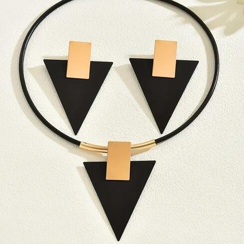 sunglnl Gold Jewelry Set For Women, Geometry Pendant Black Triangle Acrylic Necklace And Earrings Set Vintage Trendy Bohemian Minimalism Jewelry Gift in Saudi Arabia