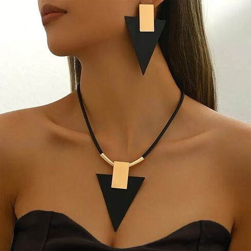 sunglnl Gold Jewelry Set For Women, Geometry Pendant Black Triangle Acrylic Necklace And Earrings Set Vintage Trendy Bohemian Minimalism Jewelry Gift in Saudi Arabia