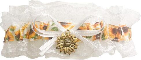 White Lace Organza Wedding Bridal Keepsake Garter - Gold Sunflower Charm in Saudi Arabia