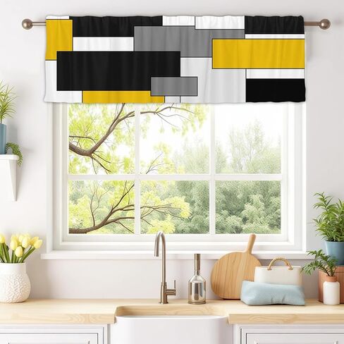 Fanghui 2 Pack Valances White Yellow and Black Grey Geometry Abstract Window Treatment Valances Modern Art Cafe Living Room Kitchen Short Curtain Rod Pocket 54x18 in in Saudi Arabia