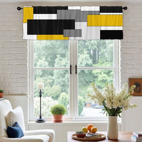 Fanghui 2 Pack Valances White Yellow and Black Grey Geometry Abstract Window Treatment Valances Modern Art Cafe Living Room Kitchen Short Curtain Rod Pocket 54x18 in in Saudi Arabia