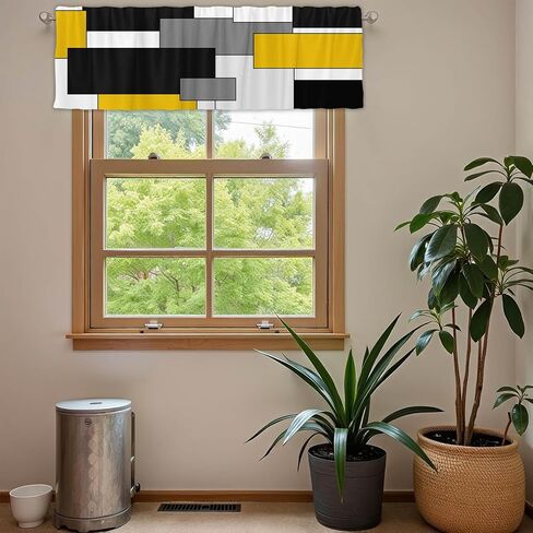 Fanghui 2 Pack Valances White Yellow and Black Grey Geometry Abstract Window Treatment Valances Modern Art Cafe Living Room Kitchen Short Curtain Rod Pocket 54x18 in in Saudi Arabia