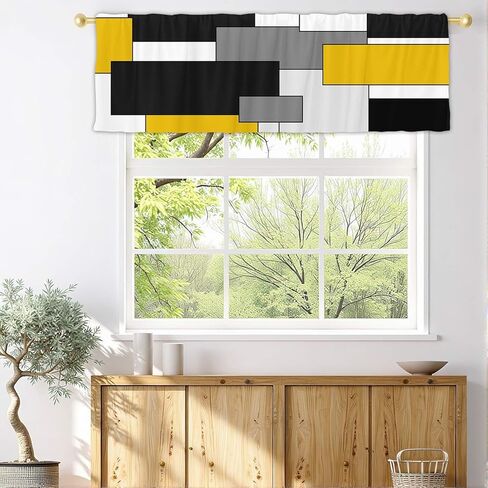 Fanghui 2 Pack Valances White Yellow and Black Grey Geometry Abstract Window Treatment Valances Modern Art Cafe Living Room Kitchen Short Curtain Rod Pocket 54x18 in in Saudi Arabia