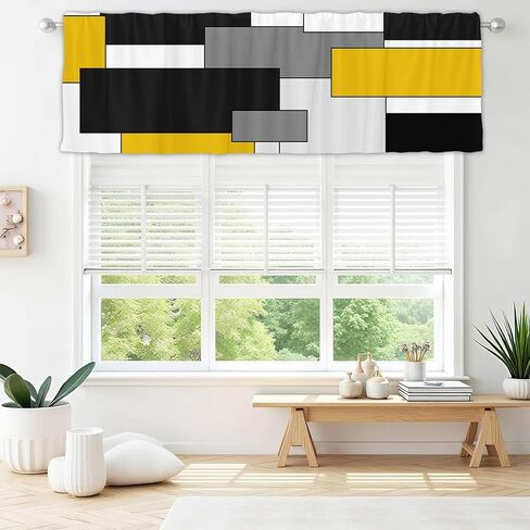 Fanghui 2 Pack Valances White Yellow and Black Grey Geometry Abstract Window Treatment Valances Modern Art Cafe Living Room Kitchen Short Curtain Rod Pocket 54x18 in in Saudi Arabia