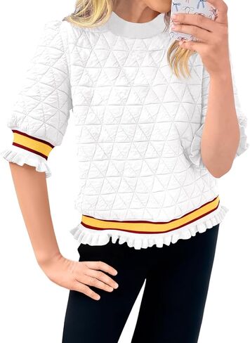 Fisoew المرأة مبطن نمط اقتصاص بلوزات عادية Crewneck نصف فانوس كم محكم كشكش فضفاض البلوز القمم in Saudi Arabia