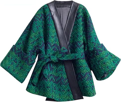 Women's Long Sleeve Sweater Cardigan Top PU Leather Cardigans Outerwear Chic Knit Jacket Knitwear with a Belt (Green,M) in Saudi Arabia