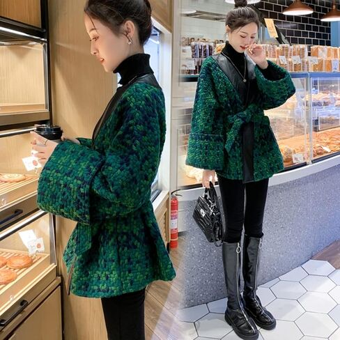 Women's Long Sleeve Sweater Cardigan Top PU Leather Cardigans Outerwear Chic Knit Jacket Knitwear with a Belt (Green,M) in Saudi Arabia