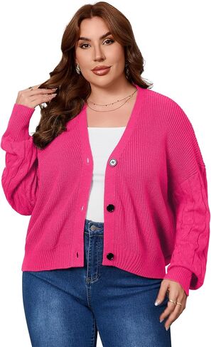Women's Plus Size Short Cardigans Fall Oversized Button up Sweater Long Sleeve Cropped Open Front Cardigan in Saudi Arabia