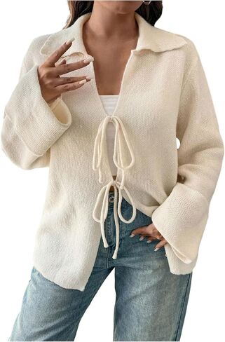 SHENHE Women's Tie Front Cardigan Collared Long Sleeve V Neck Casual Lightweight Knit Top in Saudi Arabia