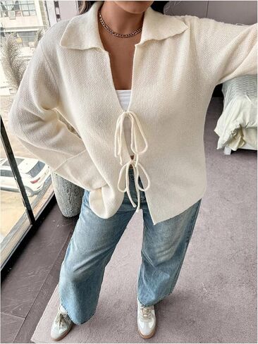 SHENHE Women's Tie Front Cardigan Collared Long Sleeve V Neck Casual Lightweight Knit Top in Saudi Arabia