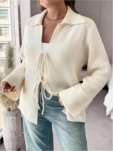 SHENHE Women's Tie Front Cardigan Collared Long Sleeve V Neck Casual Lightweight Knit Top in Saudi Arabia